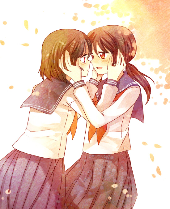 blush brown_hair eye_contact face-to-face hachiko_(hati12) hands_on_another's_cheeks hands_on_another's_face looking_at_another multiple_girls original ponytail school_uniform serafuku short_hair yuri