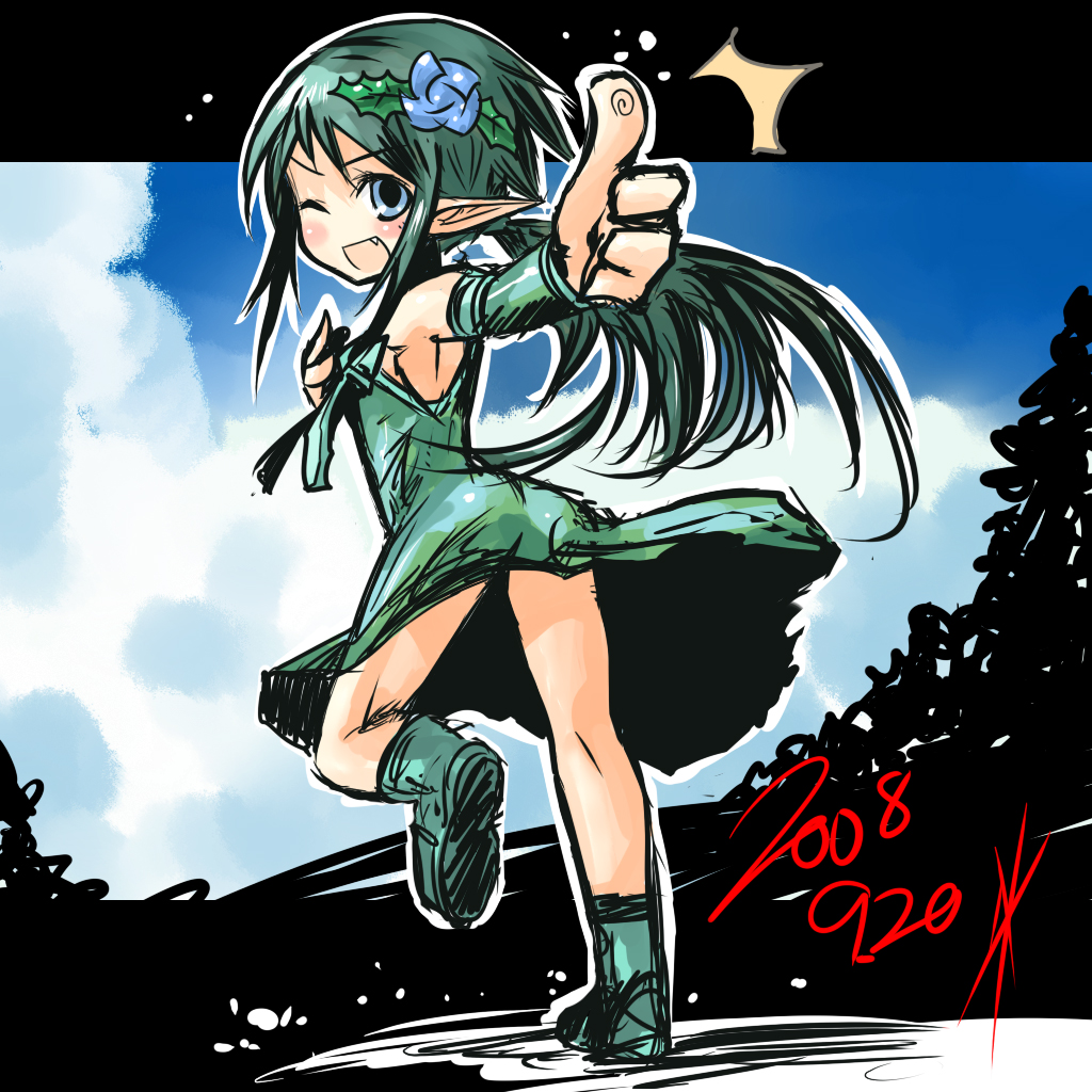 blue_eyes blush commentary_request dated green_hair kotoba_noriaki long_hair looking_back one_eye_closed open_mouth original pixiv_card_battler pointy_ears smile solo thumbs_up