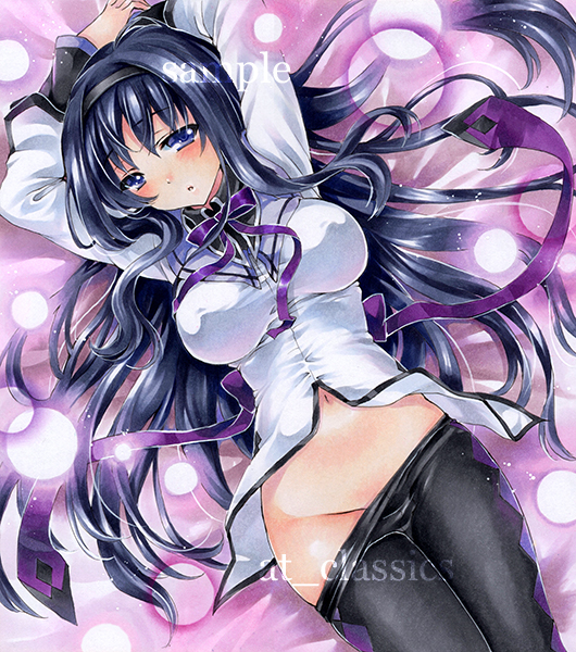 akemi_homura argyle argyle_legwear arms_up at_classics black_hair black_legwear blue_eyes blush breasts hairband large_breasts long_hair looking_at_viewer mahou_shoujo_madoka_magica marker_(medium) navel pantyhose pantyhose_pull sample solo traditional_media