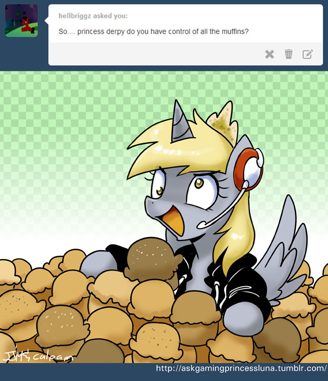 blonde_hair blush cute derpy_hooves_(mlp) english_text equine female food friendship_is_magic fur grey_fur hair horn john_joseco mammal muffin my_little_pony open_mouth solo text winged_unicorn wings yellow_eyes