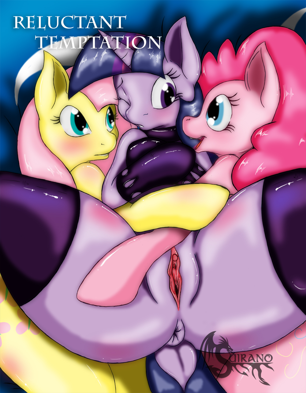 anthro anthrofied blue_eyes blush comic english_text equine eye_contact female fluttershy_(mlp) friendship_is_magic fur gloves group hair hi_res horn horse legwear lesbian mammal my_little_pony one_eye_closed open_mouth pink_fur pink_hair pinkie_pie_(mlp) pony purple_eyes purple_fur purple_hair pussy rubber spread_legs spreading suirano text thigh_highs twilight_sparkle_(mlp) unicorn yellow_fur