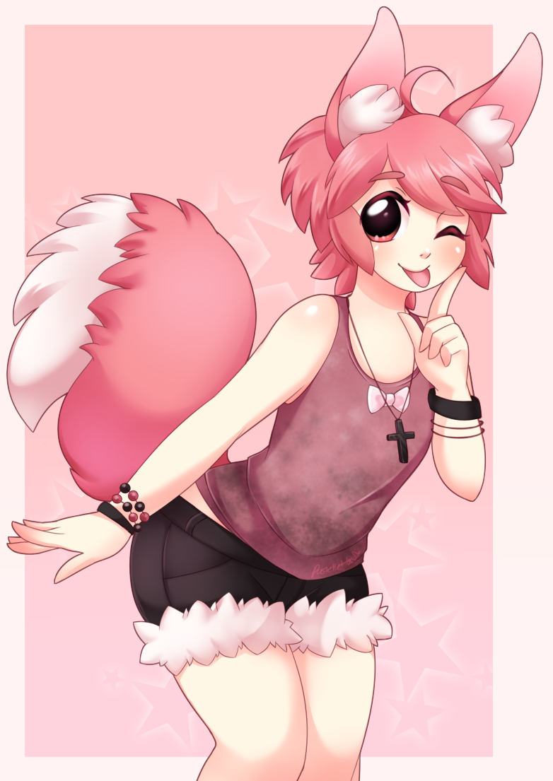 animal_ears bow bracelet cat_ears catboy clothing fur girly hair jewelry looking_at_viewer male necklace one_eye_closed pastelletta pink_eyes pink_fur pink_hair shirt short_hair shorts smile solo standing tank_top tongue tongue_out white_fur wink