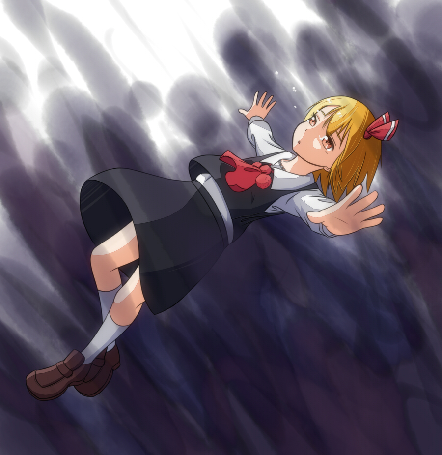 :o blonde_hair blouse brown_footwear darkness hair_ribbon houraijin outstretched_arms ribbon rumia shoes short_hair skirt solo spread_arms tears touhou vest yellow_eyes