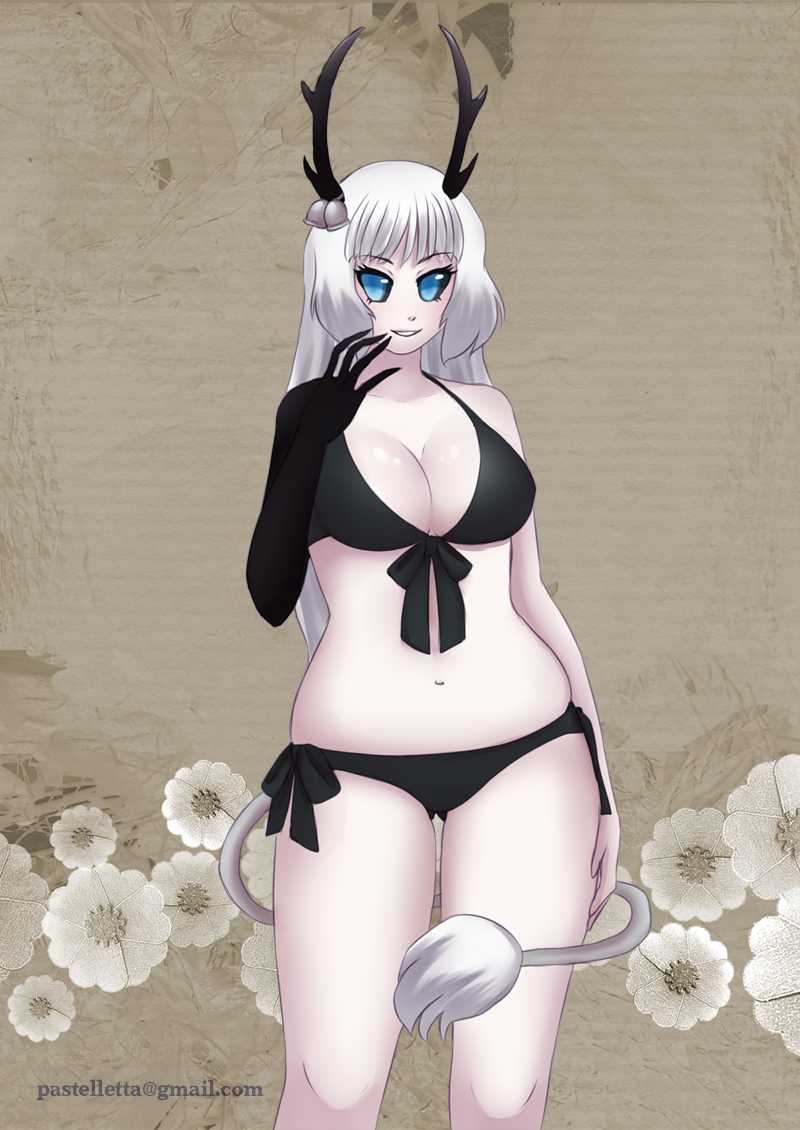 animal_tail bell big_breasts bikini blue_eyes breasts chubby cleavage clothed clothing female fur hair horn long_hair looking_at_viewer pastelletta smile solo standing swimsuit tail_tuft thighs tuft unknown_species white_hair wide_hips