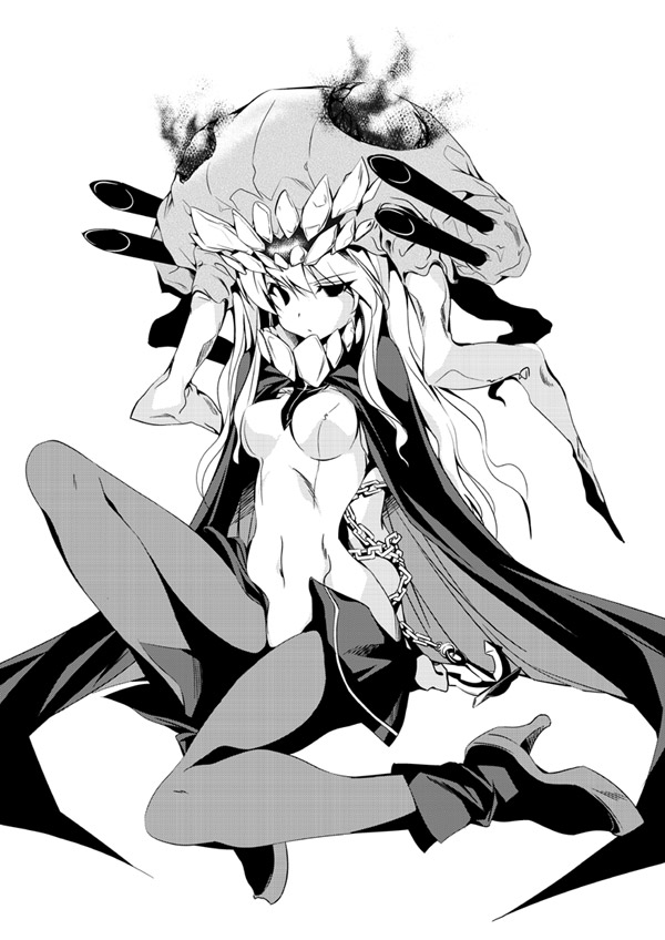 anchor arms_up bodysuit breasts cannon cape chain collar covered_navel dimples_of_venus full_body greyscale hitotoki kantai_collection large_breasts leotard long_hair machinery monochrome monster pantyhose shinkaisei-kan skin_tight solo teeth turret very_long_hair white_background wo-class_aircraft_carrier