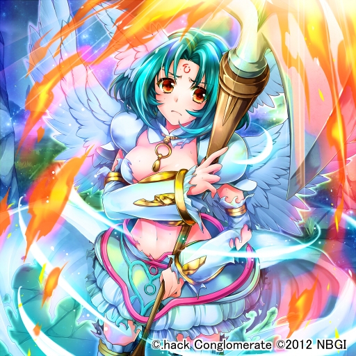 .hack//sign 1girl 2012 angel_wings bad_id bad_pixiv_id blue_hair brown_eyes bubble_skirt copyright_name detached_collar detached_sleeves facial_mark fire forehead_mark frown guilty_dragon magic midriff short_hair skirt solo staff subaru_(.hack//) takatsuki_ichi tattoo torn_clothes white_skirt white_wings wings