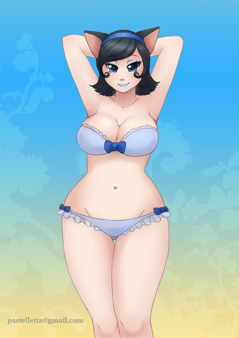 animal_ears arms_behind_head big_breasts bikini black_fur black_hair blue_eyes blue_lips bow breasts cat_ears cleavage clothed clothing female fur hair headband human lips looking_at_viewer makeup mammal navel pastelletta short_hair smile solo standing swimsuit thighs voluptuous wide_hips