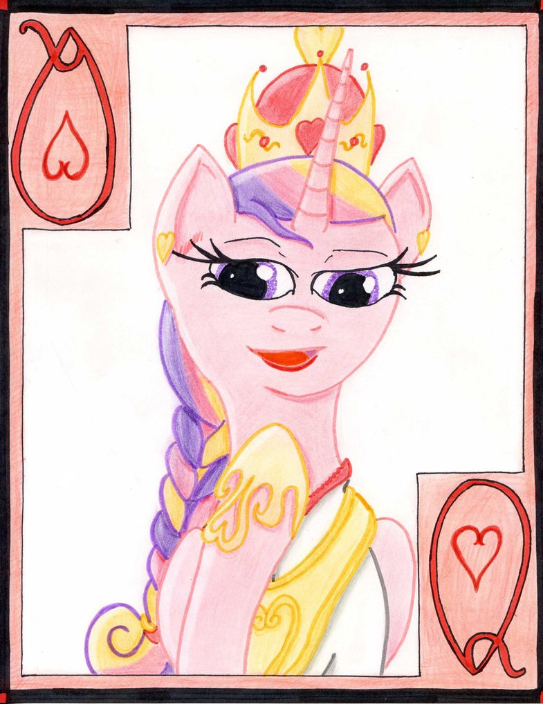equine female friendship_is_magic fur hair horn looking_at_viewer mammal multi-colored_hair my_little_pony pink_fur playing_card princess_cadance_(mlp) purple_eyes solo the1king winged_unicorn wings