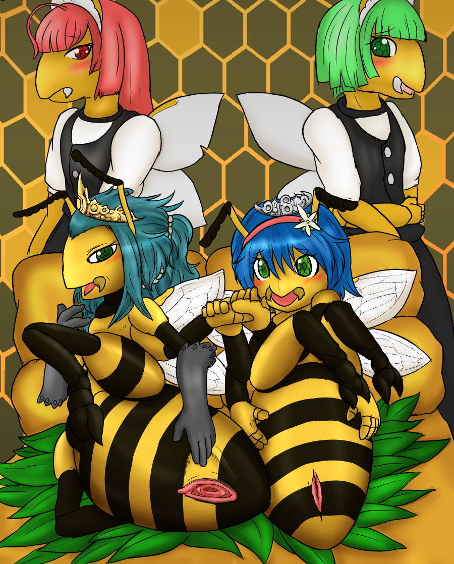 arthropod bee blue_hair blush clothed clothing crown elbow_gloves female fid gloves green_eyes green_hair hair half-closed_eyes insect long_hair lying maid maid_uniform princess pussy queen red_hair royalty short_hair wings