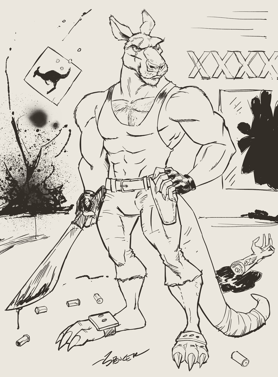 anthro belt biceps blood clothing disembodied_limb gloves gun holster josh_spencer kangaroo machete male mammal manly marsupial monochrome muscles pants pecs ranged_weapon scar shell_casings shirt sign smile solo source_request tank_top tight_clothing unknown_artist weapon window