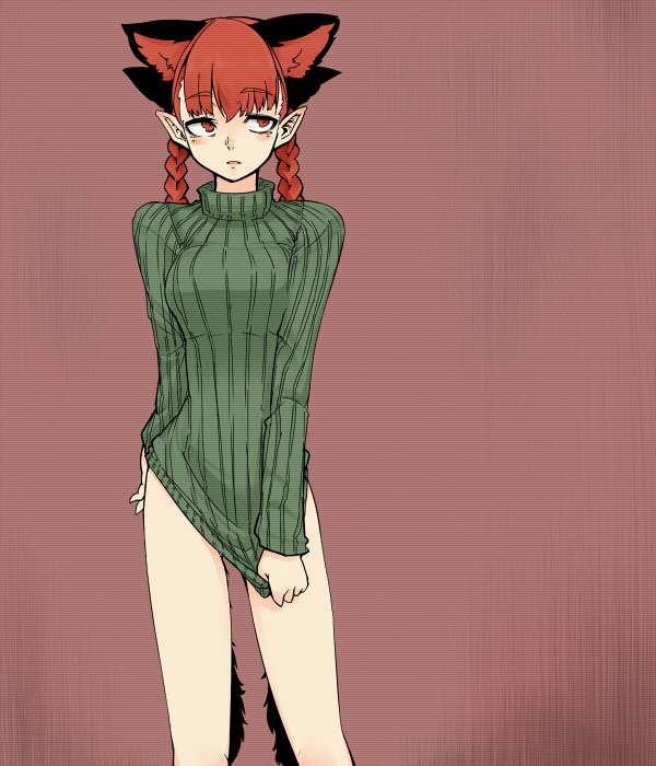 alternate_costume animal_ears bad_id bad_pixiv_id bottomless braid cat_ears cat_tail extra_ears kaenbyou_rin mizuga multiple_tails naked_sweater no_pants red_eyes red_hair ribbed_sweater shirt_tug solo sweater tail touhou turtleneck twin_braids