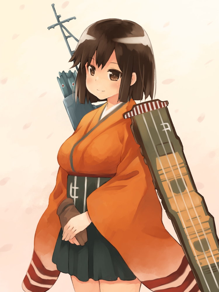 arrow breasts brown_eyes brown_hair flight_deck gloves hands_clasped hiryuu_(kantai_collection) japanese_clothes kantai_collection kouno_hikaru large_breasts own_hands_together partly_fingerless_gloves quiver short_hair single_glove skirt solo wide_sleeves yugake