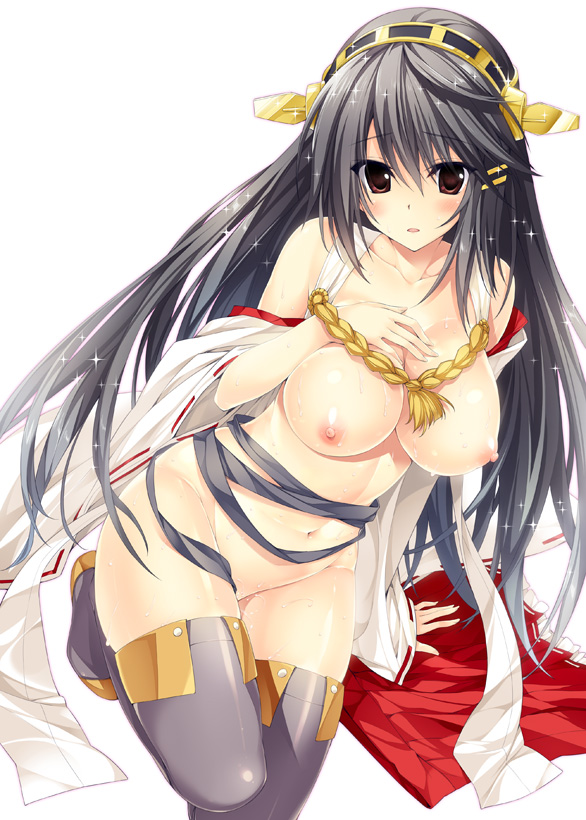 black_hair blush boots breasts detached_sleeves hair_ornament hairband hairclip hand_on_own_chest haruna_(kantai_collection) japanese_clothes kantai_collection large_breasts long_hair navel nipples oryou red_eyes simple_background skirt skirt_removed solo thigh_boots thighhighs white_background