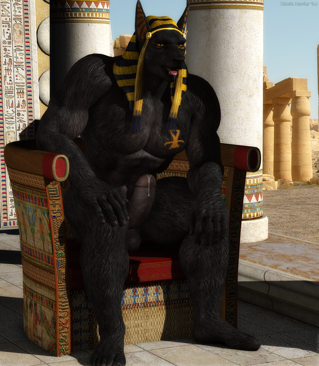 3d abs amber_eyes ankh anthro anubis balls biceps big_muscles big_penis black_fur black_howler canine cgi deity drooling egyptian erection fur jackal looking_at_viewer male mammal muscles pecs penis pillar precum saliva sitting solo tattoo temple thick_penis throne