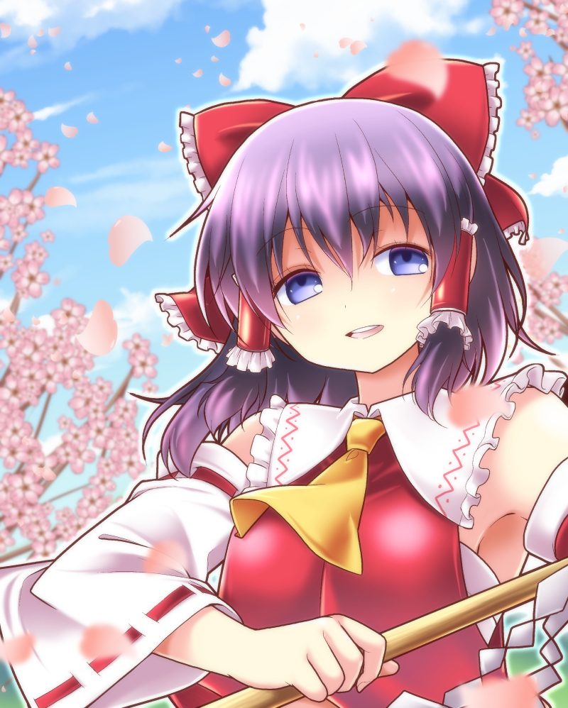 ascot blue_sky bow cherry_blossoms cloud day detached_sleeves dress gohei hair_bow hair_tubes hakurei_reimu looking_at_viewer open_mouth purple_eyes purple_hair red_dress satou_yuuki sky smile solo touhou tree wide_sleeves