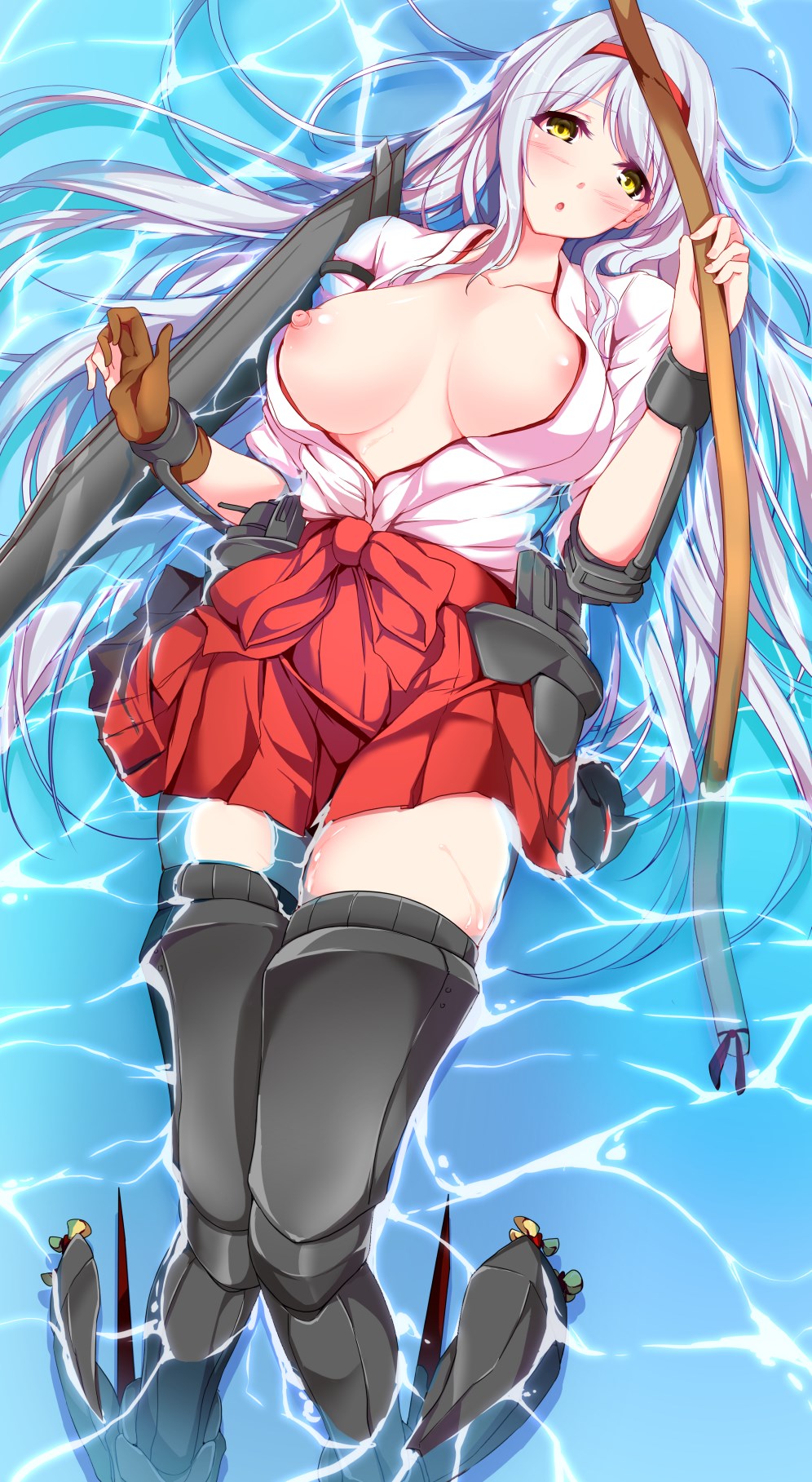blush boots bow_(weapon) breasts floating gloves hairband highres japanese_clothes kantai_collection large_breasts long_hair looking_at_viewer minamon_(vittel221) nipples partially_submerged partly_fingerless_gloves shoukaku_(kantai_collection) silver_hair single_glove skirt solo thigh_boots thighhighs weapon yellow_eyes yugake