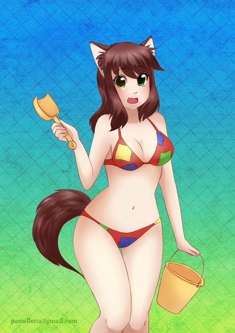 animal_ears bikini breasts brown_fur brown_hair bucket cleavage clothed clothing female fur green_eyes hair heterochromia human long_hair looking_at_viewer mammal navel open_mouth pastelletta smile solo standing swimsuit thighs wide_hips wolf_ears yellow_eyes