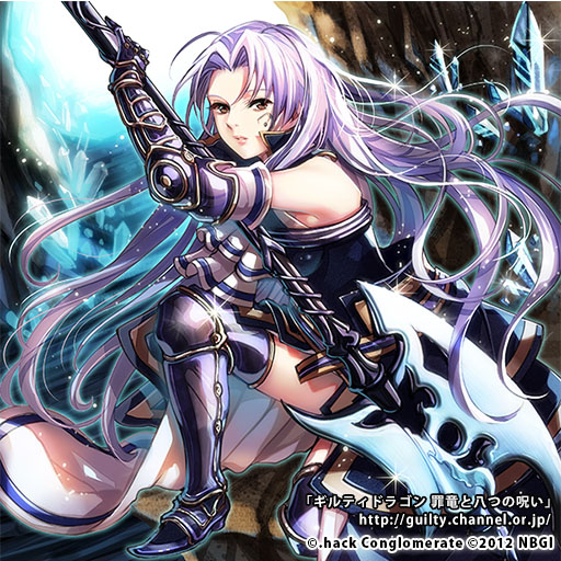 .hack//zero 1girl 2012 armor axe black_armor boots brown_eyes carl_(.hack//) chachie copyright_name expressionless facial_mark gloves greaves guilty_dragon holding holding_axe knee_boots long_hair one_knee polearm purple_hair solo tattoo watermark weapon web_address