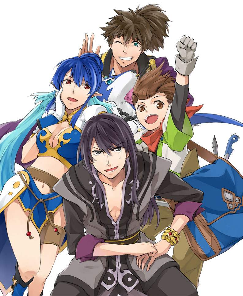 3boys arm_up bag black_eyes black_hair blue_hair bracelet breasts brown_hair cleavage clenched_hand dog facial_hair gloves green_eyes grin hand_on_own_cheek jewelry judith karol_capel large_breasts long_hair miniskirt multiple_boys one_eye_closed pants pointy_ears ponytail raised_fist raven_(tales) red_eyes repede shoes skirt smile stubble tales_of_(series) tales_of_vesperia yogura yuri_lowell