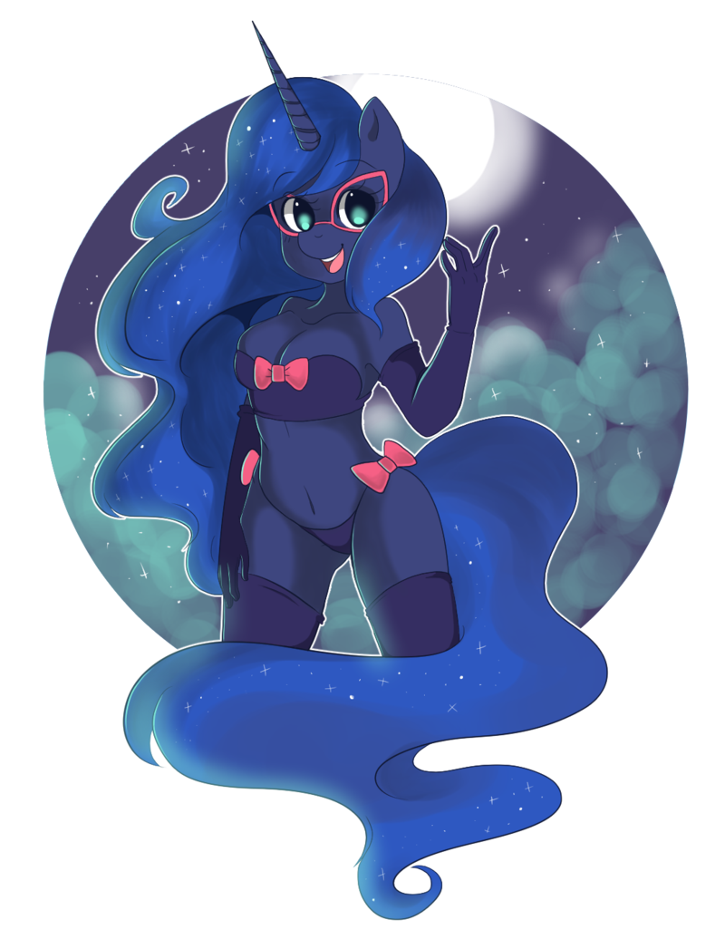 blue_eyes blue_hair bow cleavage clothed clothing equine eyewear female friendship_is_magic glasses hair horn horse long_hair looking_at_viewer mammal moon my_little_pony navel open_mouth pony princess_luna_(mlp) prisma-neko solo stars unicorn winged_unicorn wings