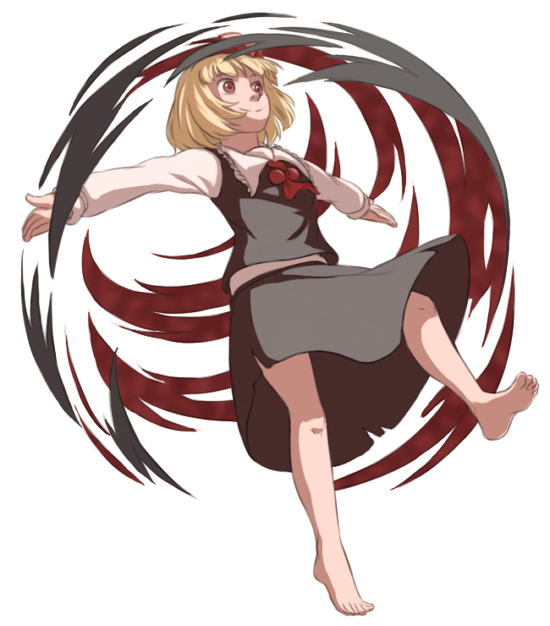 barefoot blonde_hair blouse darkness full_body hair_ribbon mefomefo outstretched_arms red_eyes ribbon rumia short_hair simple_background skirt smile solo spread_arms touhou vest white_background