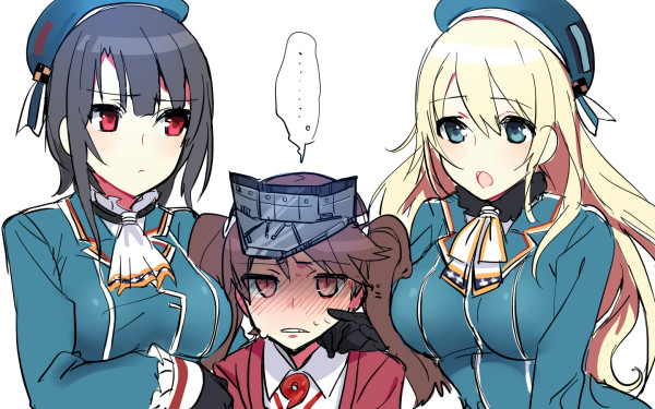 3girls :o ascot atago_(kantai_collection) black_eyes blonde_hair blue_eyes breast_envy breasts commentary girl_sandwich gloves hand_on_another's_cheek hand_on_another's_face hat kantai_collection large_breasts long_hair looking_at_another military military_uniform multiple_girls naval_uniform open_mouth red_eyes ryuujou_(kantai_collection) sandwiched short_hair simple_background takao_(kantai_collection) twintails uniform visor_cap white_background yomosaka