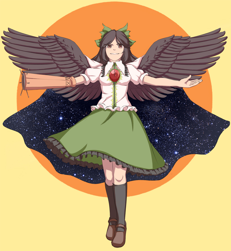 arm_cannon bird_wings black_hair black_wings bow brown_eyes cape frilled_skirt frills full_body hair_bow long_hair mefomefo outstretched_arms reiuji_utsuho shirt skirt smile spread_arms third_eye touhou weapon wings