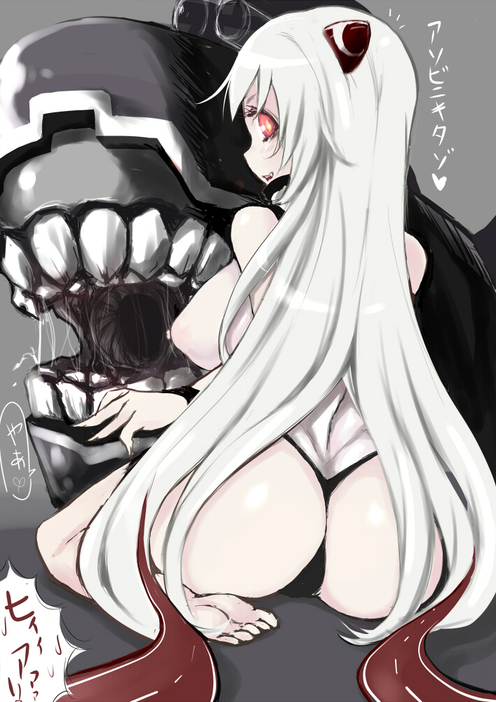 airfield_hime ass barefoot breasts jema kantai_collection large_breasts long_hair looking_at_viewer looking_back panties red_eyes shinkaisei-kan sitting smile solo thong toes translated underwear very_long_hair wariza white_hair