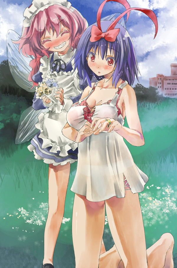 ^_^ blue_hair blush bouquet breasts check_translation cleavage closed_eyes commentary_request dress fairy_maid flower grin hair_ribbon kneeling large_breasts maid_headdress multiple_girls nagae_iku pink_hair red_eyes ribbon smile touhou translation_request white_dress wings yohane