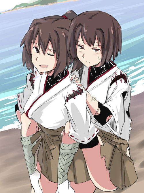 brown_hair carrying hyuuga_(kantai_collection) ise_(kantai_collection) kantai_collection long_hair multiple_girls ocean one_eye_closed open_mouth piggyback ponytail short_hair sideways_glance skirt smile torn_clothes ulrich_(tagaragakuin)