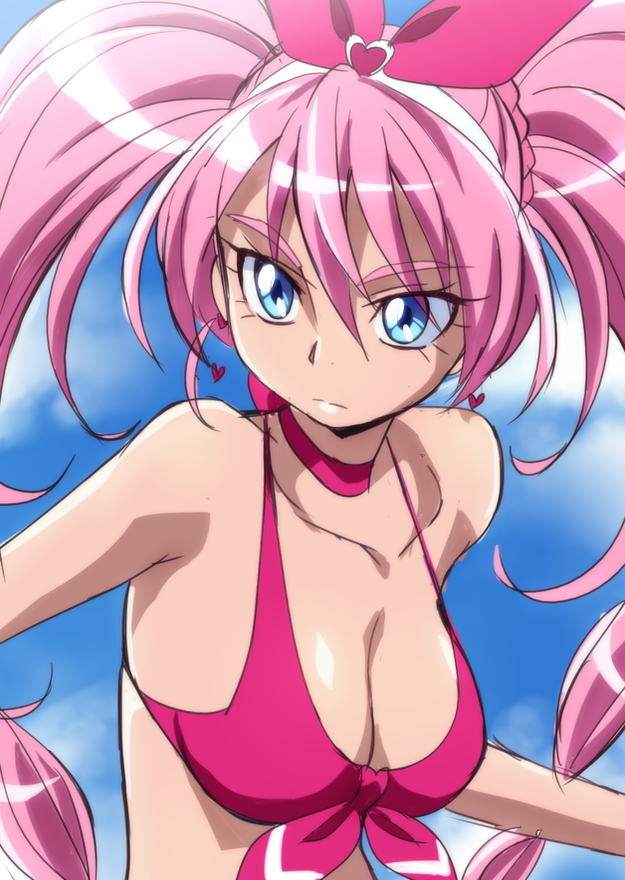 alternate_costume bikini_top blue_eyes bow breasts choker cleavage cloud cure_melody day eyelashes front-tie_top hairband houjou_hibiki long_hair manji_(tenketsu) medium_breasts pink_bow pink_choker pink_hair precure shiny shiny_skin sky solo suite_precure twintails