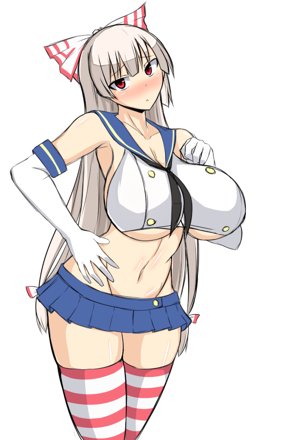 1girl bare_shoulders blonde_hair blush breasts curvy elbow_gloves female fujiwara_no_mokou gloves hair_ornament hair_ribbon huge_breasts kantai_collection legwear long_hair miniskirt mound_of_venus musuka_(muska) navel no_panties red_eyes ribbon shimakaze_(kantai_collection) shimakaze_(kantai_collection)_(cosplay) shirt silver_hair simple_background skirt solo standing striped striped_legwear striped_thighhighs thighhighs thighs touhou underboob white_background white_gloves