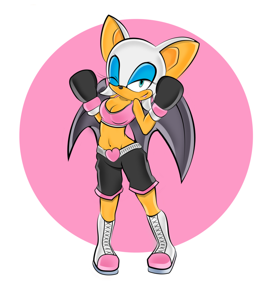 boxer cleavage clothed clothing female navel one_eye_closed rouge_the_bat sega solo sonic_(series) tinmanti wings wink