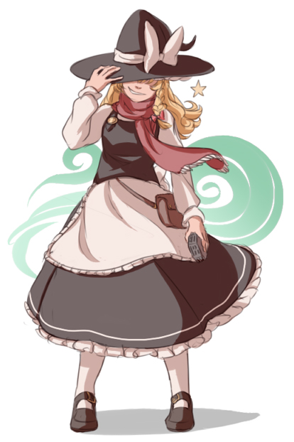 adjusting_clothes adjusting_hat apron blonde_hair bow braid frilled_skirt frills full_body grin hand_on_headwear hat hat_bow kirisame_marisa mefomefo mini-hakkero pouch scarf side_braid skirt smile star touhou witch_hat
