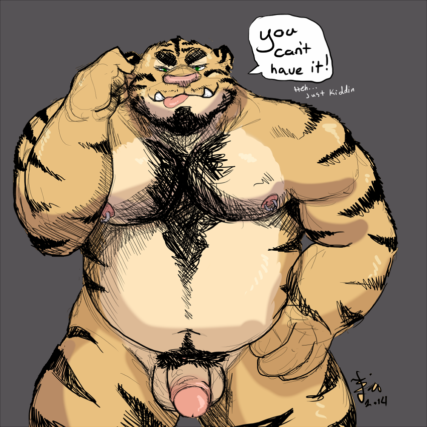 beard biceps big_muscles bin chest_tuft chubby facial_hair feline fur hairy hand_on_hip humanoid_penis looking_at_viewer male mammal musclegut muscles nipple_piercing nipples nude penis piercing pubes solo teasing text tiger tongue tongue_out tuft