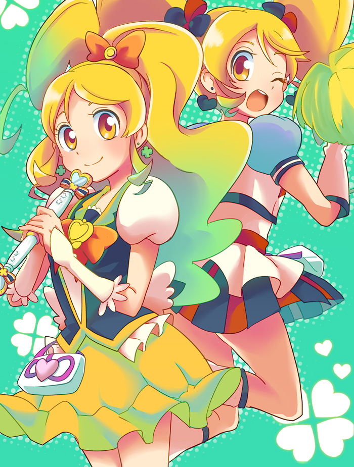 alternate_form blonde_hair blue_skirt bow chobota cure_honey dual_persona hair_bow happinesscharge_precure! heart long_hair looking_at_viewer looking_back magical_girl multicolored multicolored_clothes multicolored_skirt multiple_girls one_eye_closed oomori_yuuko open_mouth pom_poms popcorn_cheer precure skirt smile twintails wide_ponytail yellow_eyes yellow_skirt