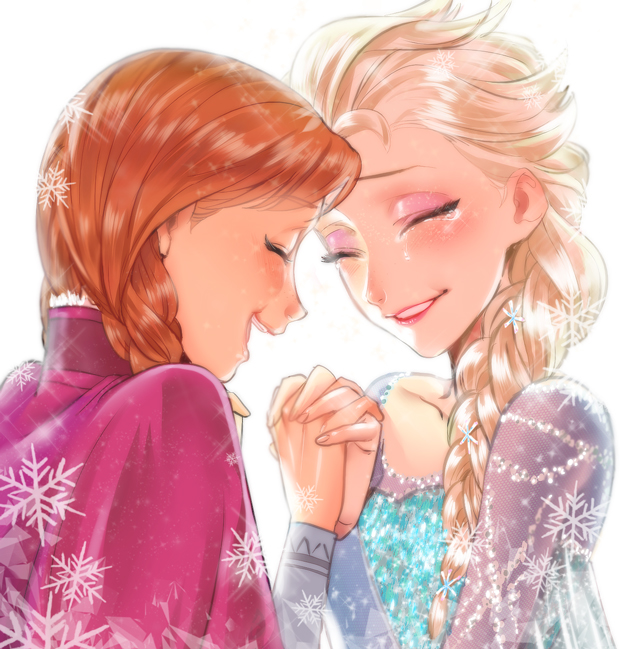 anna_(frozen) backlighting blush braid brown_hair closed_eyes commentary_request elsa_(frozen) eyeshadow frozen_(disney) glitter happy holding_hands interlocked_fingers laughing lipstick long_hair makeup multiple_girls open_mouth platinum_blonde_hair red_lipstick siblings single_braid sisters smile snowflakes tears white_background yano_(404878)