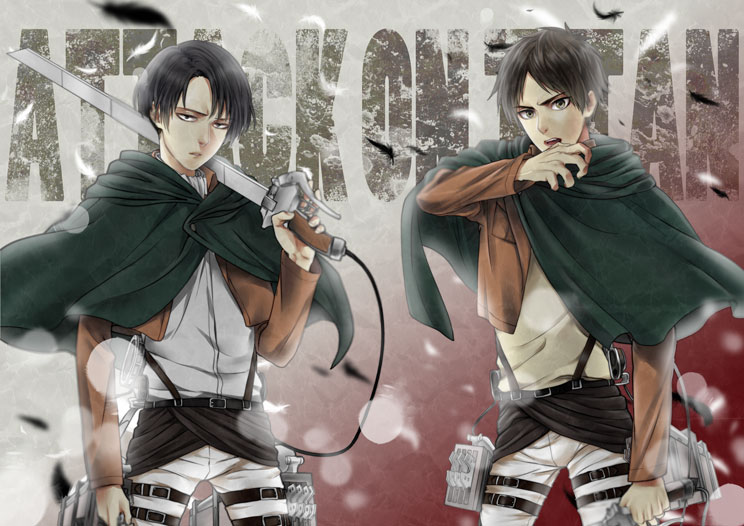 bad_id bad_pixiv_id bangs belt black_hair blade blurry brown_hair cape copyright_name depth_of_field eren_yeager feathers grey jacket levi_(shingeki_no_kyojin) long_sleeves multiple_boys open_mouth over_shoulder paradis_military_uniform parted_bangs shingeki_no_kyojin short_hair three-dimensional_maneuver_gear weapon weapon_over_shoulder yano_(404878)