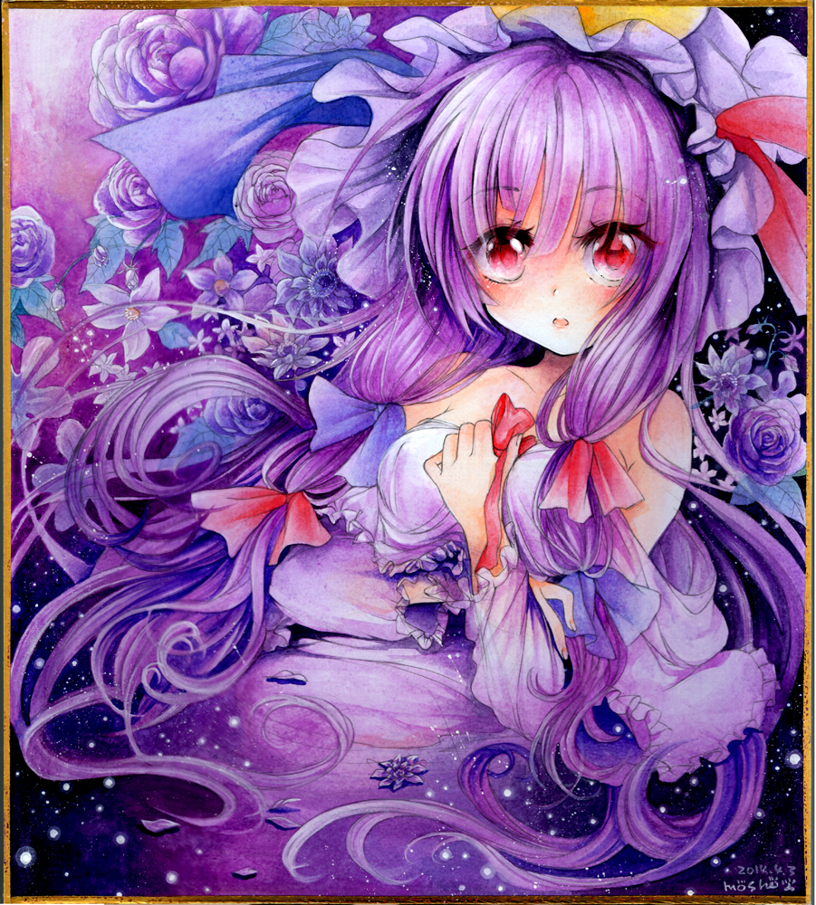 adapted_costume blush bow flower hat long_hair looking_at_viewer mosho open_mouth patchouli_knowledge purple_hair red_eyes ribbon rose shikishi solo touhou traditional_media watercolor_(medium)