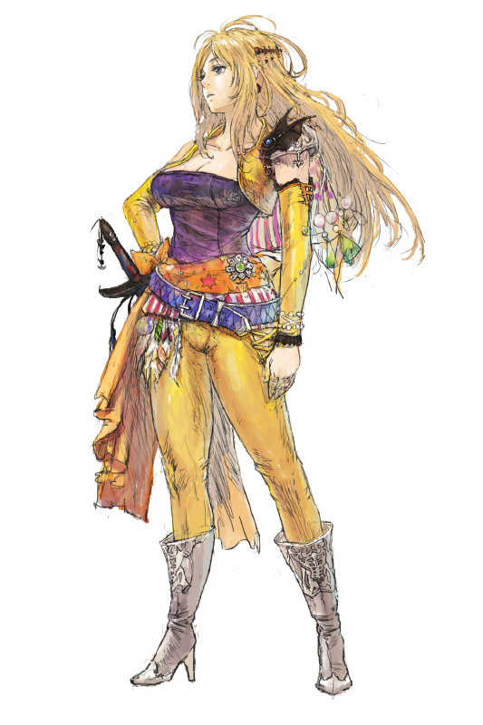antenna_hair belt blonde_hair boots buckle celes_chere detached_sleeves feathers final_fantasy final_fantasy_vi full_body hair_ornament hairclip hand_on_hip high_heel_boots high_heels iwauchi_tomoki jewelry long_hair ring solo standing sword waist_cape weapon white_background