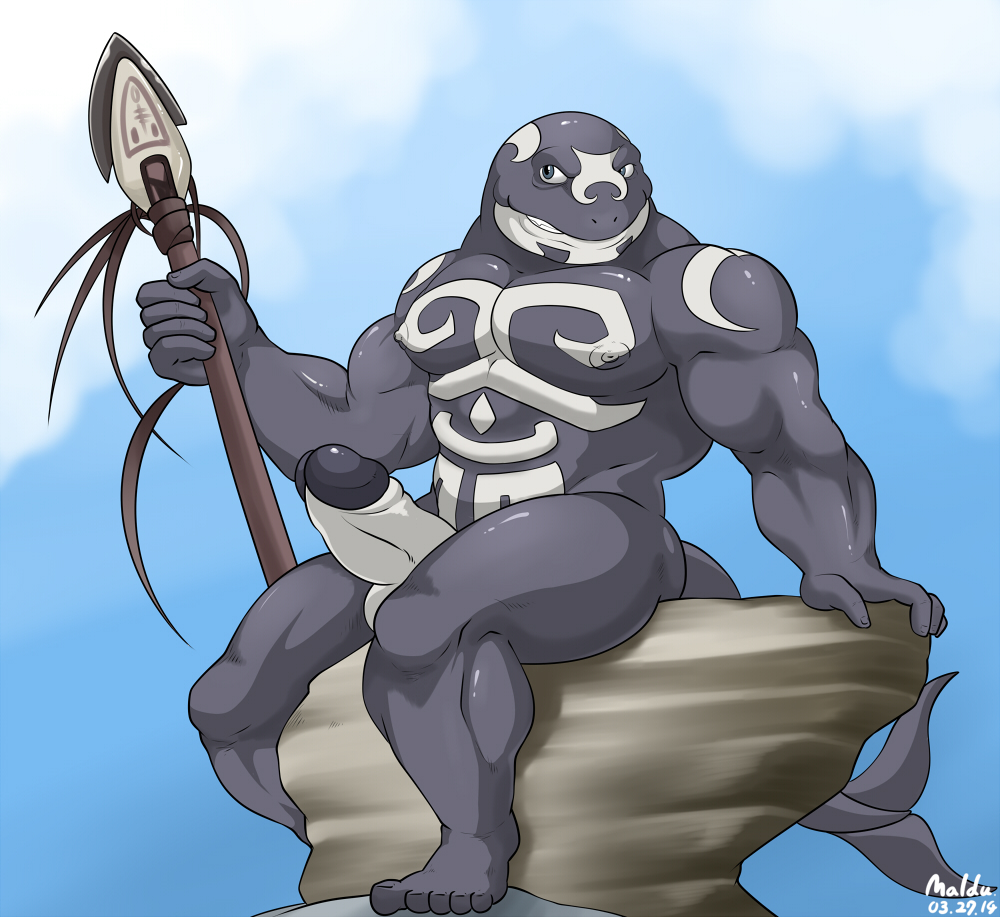 5_fingers 5_toes abs anthro bald balls barefoot biceps big_muscles big_penis blue_eyes butt cetacean erection fangs grasp grey_skin happy humanoid_penis maldu male mammal marine muscles nipples nude orca outside pecs penis polearm pose rock scales sitting smile solo spear teeth thick_penis toes tribal weapon whale