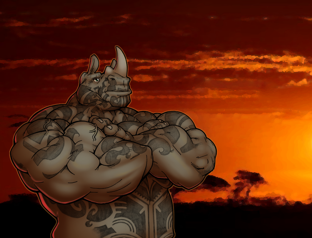 big_muscles chemicalwolf collaboration crossed_arms dodoki green_eyes grey_skin horn male mammal muscles pose rhinoceros solo standing sunset tattoo toned topless tribal vein