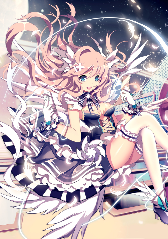 blue_eyes boots dress feathers frilled_dress frilled_gloves frilled_legwear frills gloves hair_ornament hairpin happy heart high_heels long_hair original pink_hair ribbon shiny shiny_skin shoes solo souseiki_aster_gate thighhighs white_gloves white_legwear xianguang
