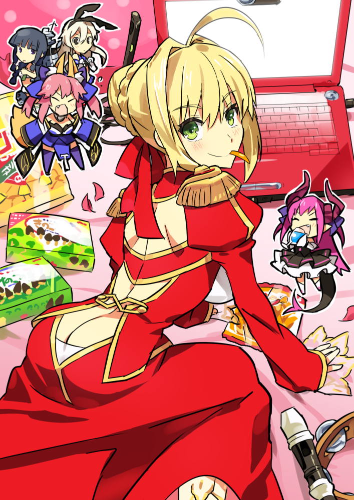ahoge all_fours animal_ears apollo_chocolate ass back_cutout black_hair blonde_hair blush breasts brown_eyes butt_crack candy chibi closed_eyes computer crossover dress elizabeth_bathory_(fate) elizabeth_bathory_(fate)_(all) epaulettes fang fate/extra fate/extra_ccc fate_(series) food from_behind full_body gloves green_eyes hair_intakes hair_ribbon holding horns instrument juliet_sleeves kantai_collection kitakami_(kantai_collection) kon_manatsu laptop long_sleeves looking_at_viewer looking_back md5_mismatch medium_breasts mouth_hold multiple_girls nero_claudius_(fate) nero_claudius_(fate)_(all) open_mouth panties panty_peek pink_hair puffy_sleeves purple_eyes purple_legwear recorder ribbon shimakaze_(kantai_collection) sleeves_past_wrists smile standing tail tamamo_(fate)_(all) tamamo_no_mae_(fate) tambourine underwear white_gloves white_legwear