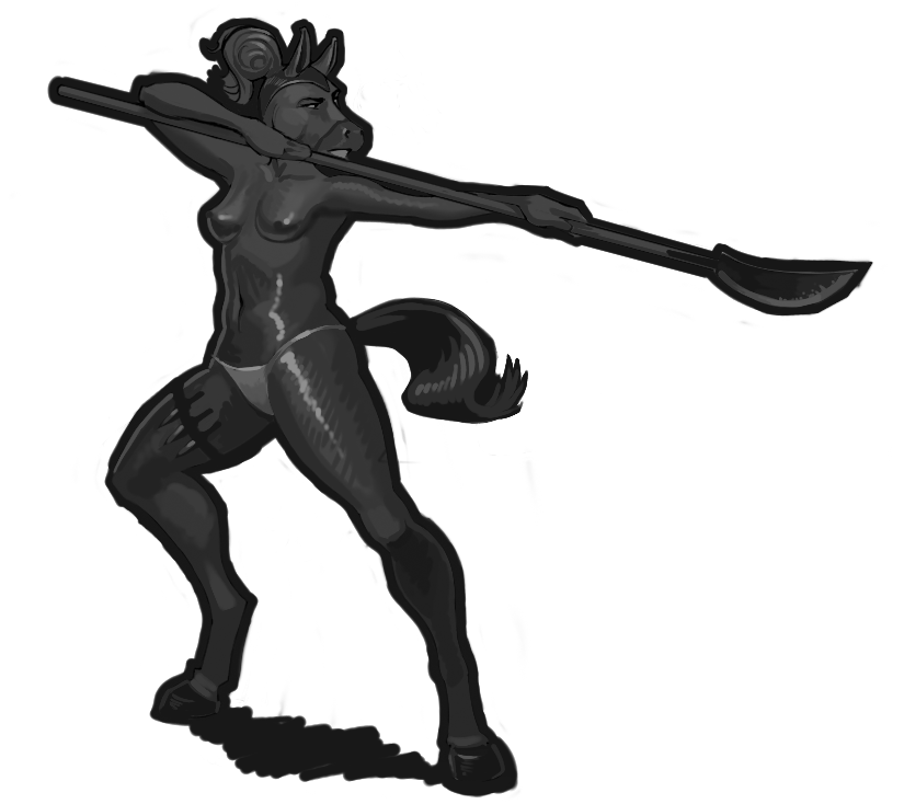 combat equine female fighting_stance halberd hooves horse invalid_tag mammal monochrome panties polearm poleaxe ponytail siyah underwear
