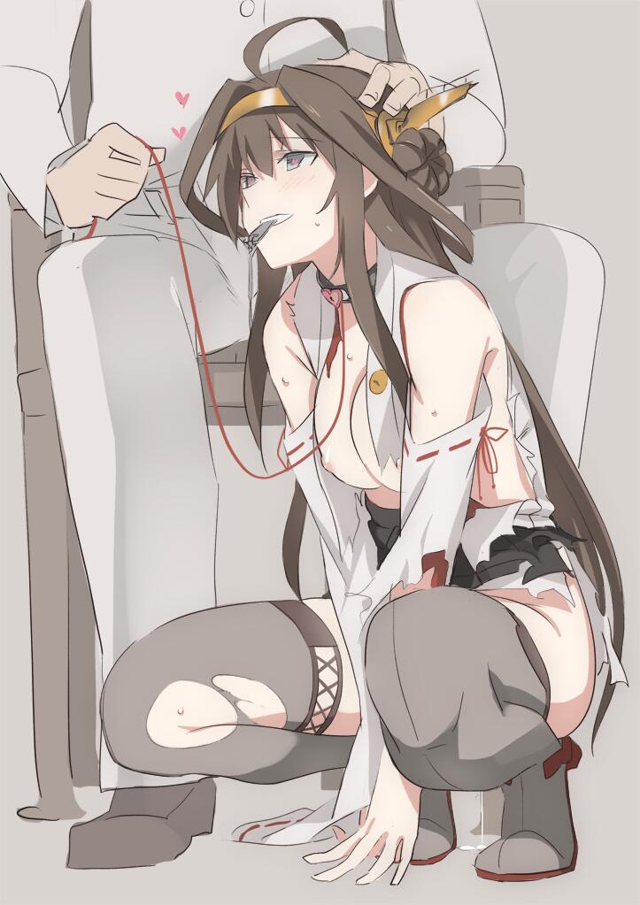 1girl admiral_(kantai_collection) ahoge bdsm breasts brown_hair chair collar commentary_request damaged hand_on_another's_head heart heart-shaped_lock heart-shaped_pupils heart_lock_(kantai_collection) jpeg_artifacts kantai_collection kongou_(kantai_collection) large_breasts leash lock mouth_hold ningen_(ningen96) nipples nontraditional_miko pussy_juice sitting squatting sweat symbol-shaped_pupils thighhighs torn_clothes torn_legwear zipper