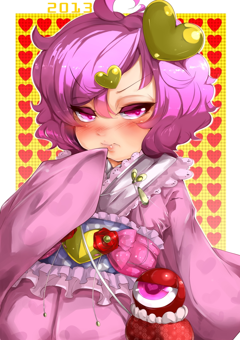 alternate_costume bangs blush colored_eyelashes commentary_request curly_hair dress finger_to_mouth frilled_dress frills heart heart-shaped_pupils highres japanese_clothes kimono komeiji_satori long_sleeves looking_at_viewer obi oversized_clothes pink_dress pink_eyes pink_hair pout sash short_hair solo swept_bangs symbol-shaped_pupils takatoo_kurosuke third_eye touhou upper_body wide_sleeves