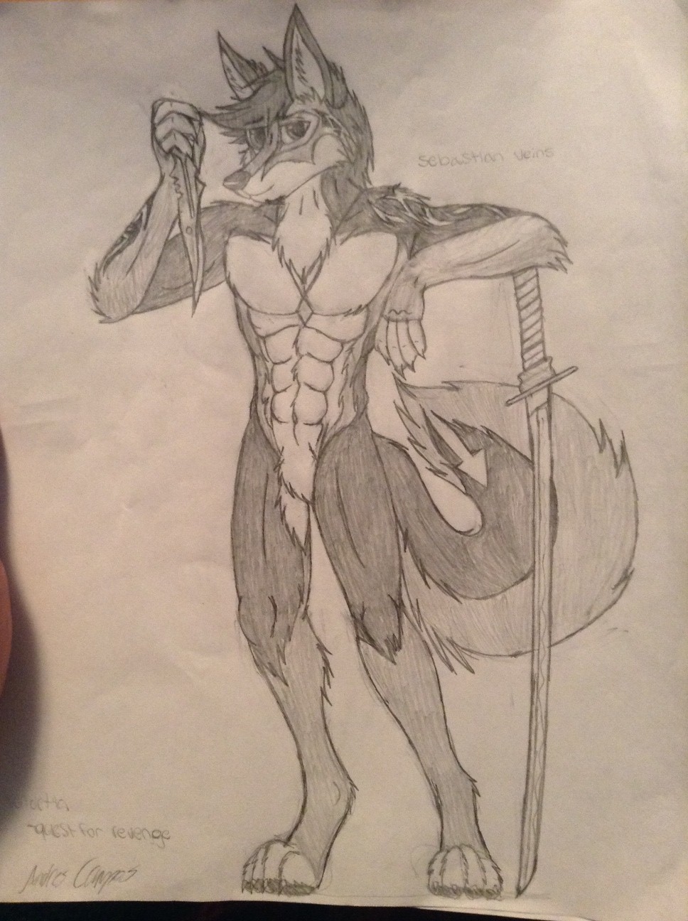 biceps black_fur canine dawn_walker fluffy_tail fur furry_tail grey_fur katana knife looking_at_viewer male mammal muscles necklace nude sebastian_veins sketch smile sword tattoo tribal weapon wolf