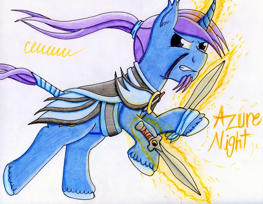azure_night equine friendship_is_magic hair horn horse mammal my_little_pony original_character pony sword the1king unicorn weapon