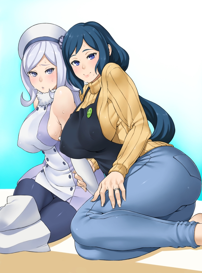 aila_jyrkiainen apron arm_holding ass badge bangs bare_shoulders beret blue_eyes blue_hair blue_legwear blush boots breasts button_badge buttons covered_nipples curvy denim dress elbow_gloves fingernails flipped_hair fur_trim gloves gradient gradient_background gundam gundam_build_fighters halterneck hand_on_thigh haro haro_button_badge hat iori_rinko jeans jewelry large_breasts long_fingernails long_hair long_sleeves looking_at_viewer low_ponytail mature md5_mismatch multiple_girls open_mouth pants pantyhose parted_lips ponytail reclining ribbed_sweater ring shadow short_dress sideboob silver_hair simple_background sitting smile sweat sweater swept_bangs thick_thighs thigh_boots thighhighs thighs turtleneck wedding_band white_legwear yokozuwari zonda_(solid_air)